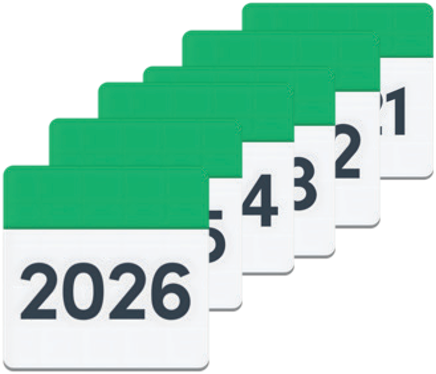 6 calendars stacked in front of each other with 2026 on top