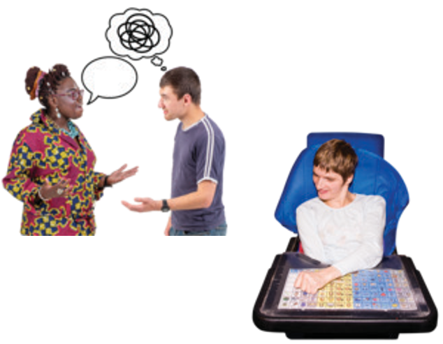 woman talking to a man who doesn't understand what she is saying; boy using a communication board