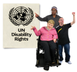 3 people including one in a wheelchair in front of the UN disability rights logo