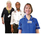 3 health professionals wearing different uniforms