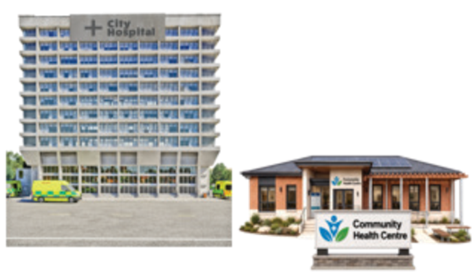 tall hospital building and small community health centre