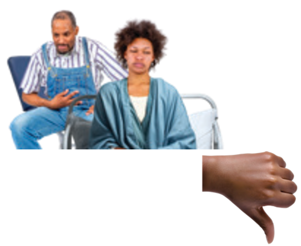 thumbs down symbol in front of man in pain and woman in hospital bed