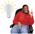 man in wheelchair talking with a lit light bulb next to him