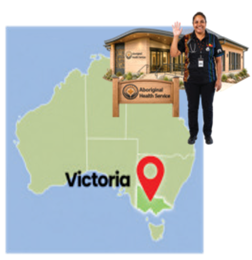 Aboriginal woman standing on map of Australia with Victoria hilighted