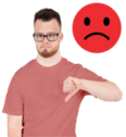 man frowning with his thumb pointed downwards and a red frowning emoticon