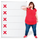woman standing in front of sign with red crosses against all the options