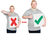 Man holding a tick sign in front of the same man holding a cross sign