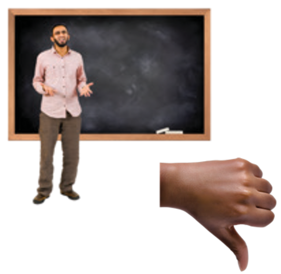 thumbs down in front of man in front of blackboard