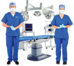2 doctors in masks and gloves in front of an operating table