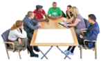 people sitting around a table talking