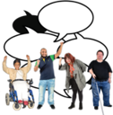 group of people with various disabilities talking and gesticulating