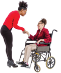 woman shaking the hand and looking in the eye of a person sitting in a wheelchair