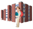 Student carrying books and a backpack in front of a university building