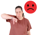 woman frowning with thumb turned down and red frowning emoticon