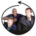 three people smiling, surrounded by a curved arrow